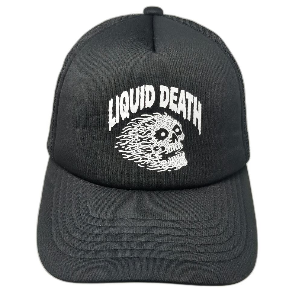 Liquid Death Trucker Hat Black One Size Flaming Skull Graphic Mesh Back Snapback